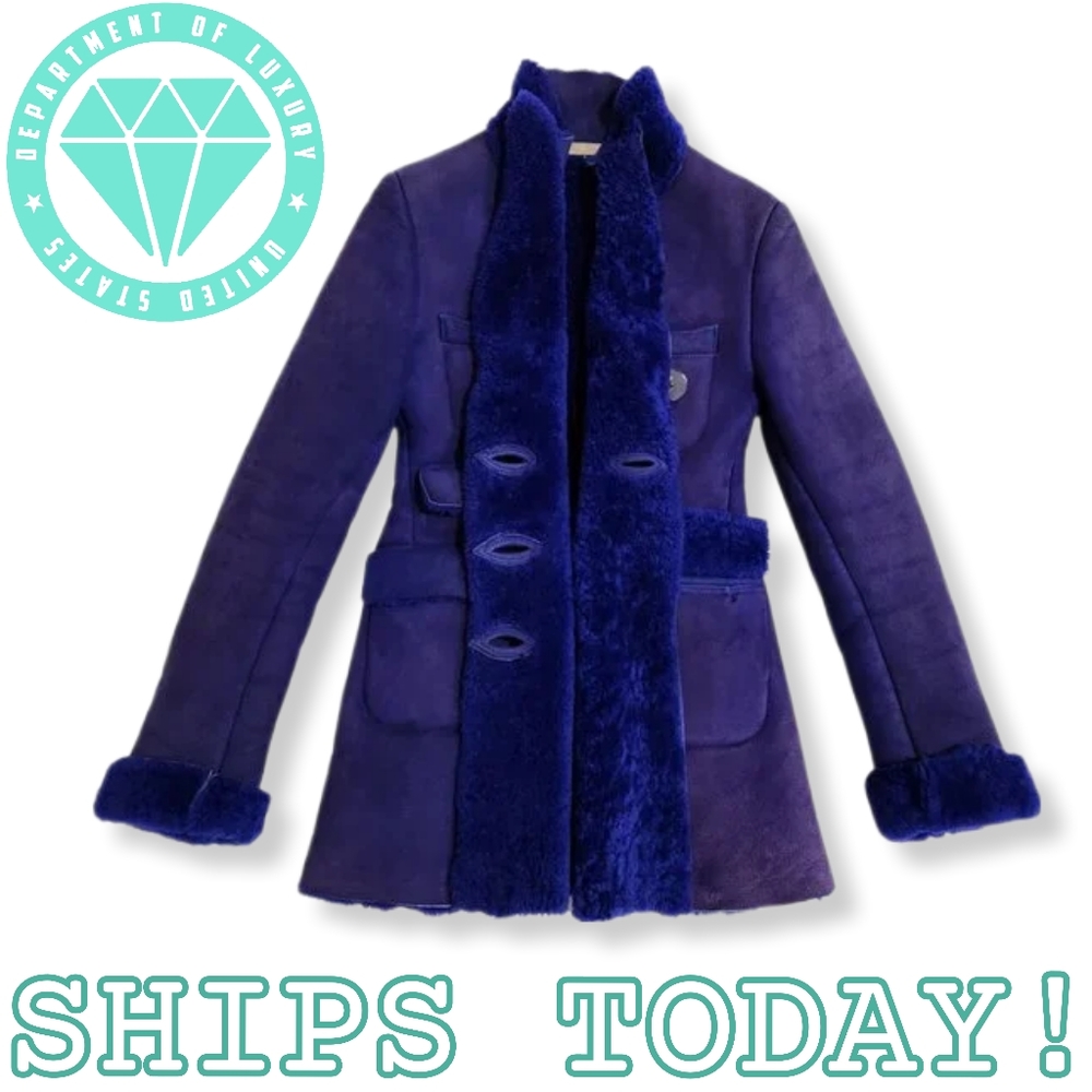 1992 VIVIENNE WESTWOOD "Aviatrix" Vintage Sheepskin Coat 3D Orb Buttons Blue 92